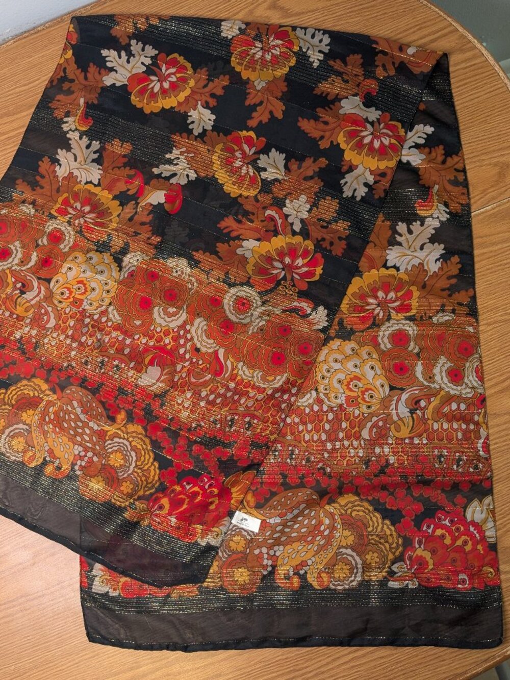 vintage JP collections hair neck scarf Italy floral metallic 61" x 19" black red